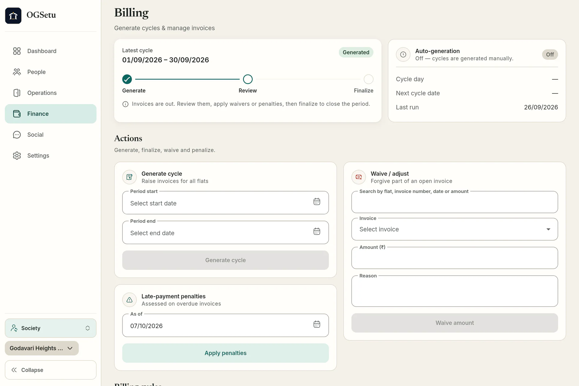 Billing cycles move from generate to review to finalize, with waivers, late-payment penalties and auto-generation.