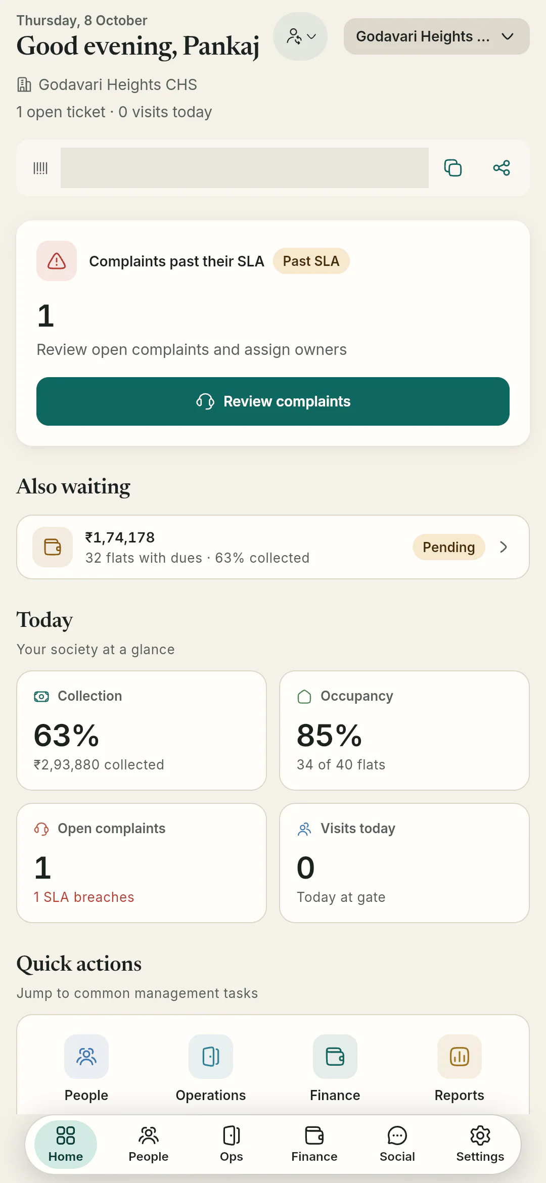 The committee's phone dashboard leads with what needs attention: SLA breaches, outstanding dues and today's numbers.