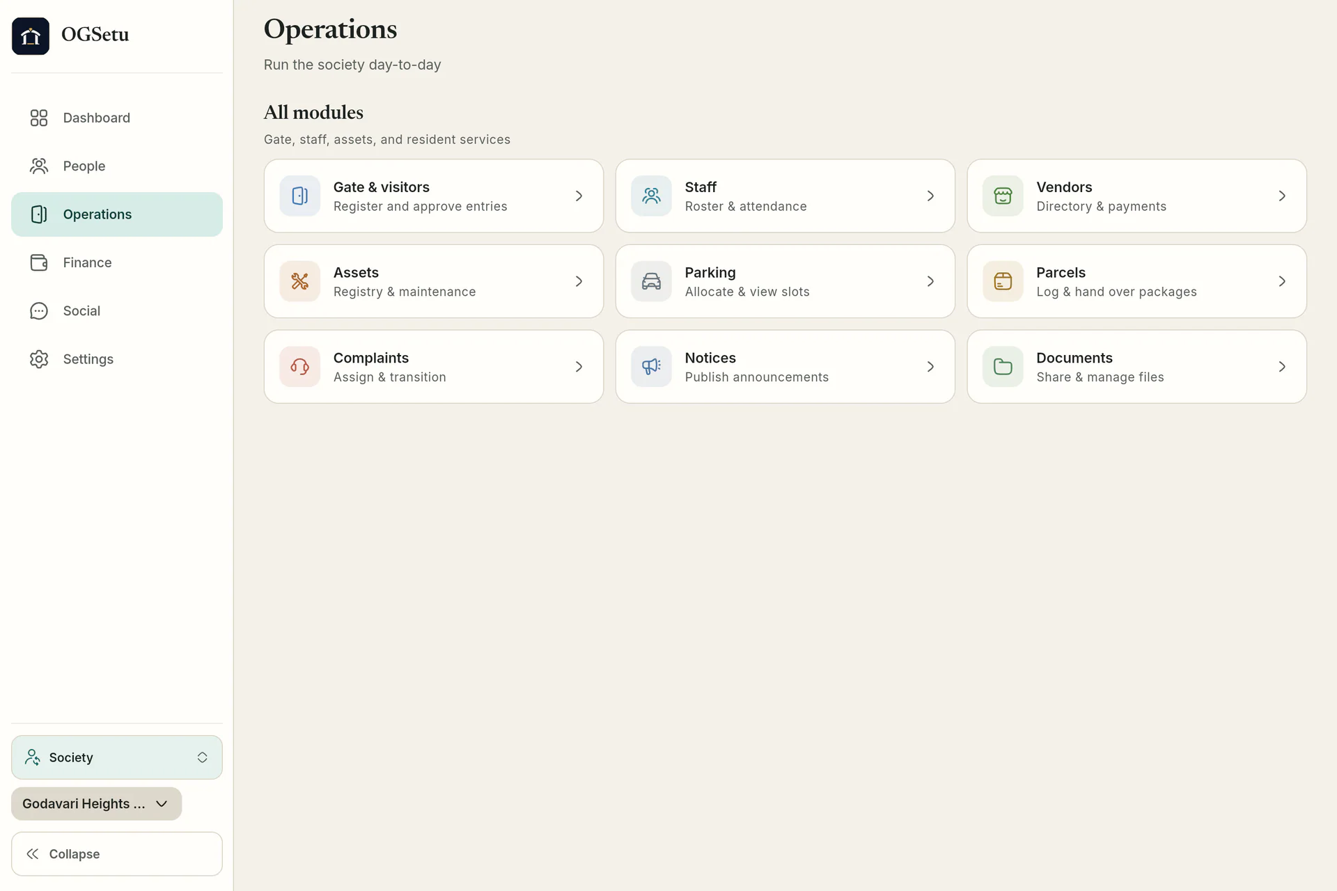 All day-to-day modules in one place: gate, staff, vendors, assets, parking, parcels, complaints, notices and documents.