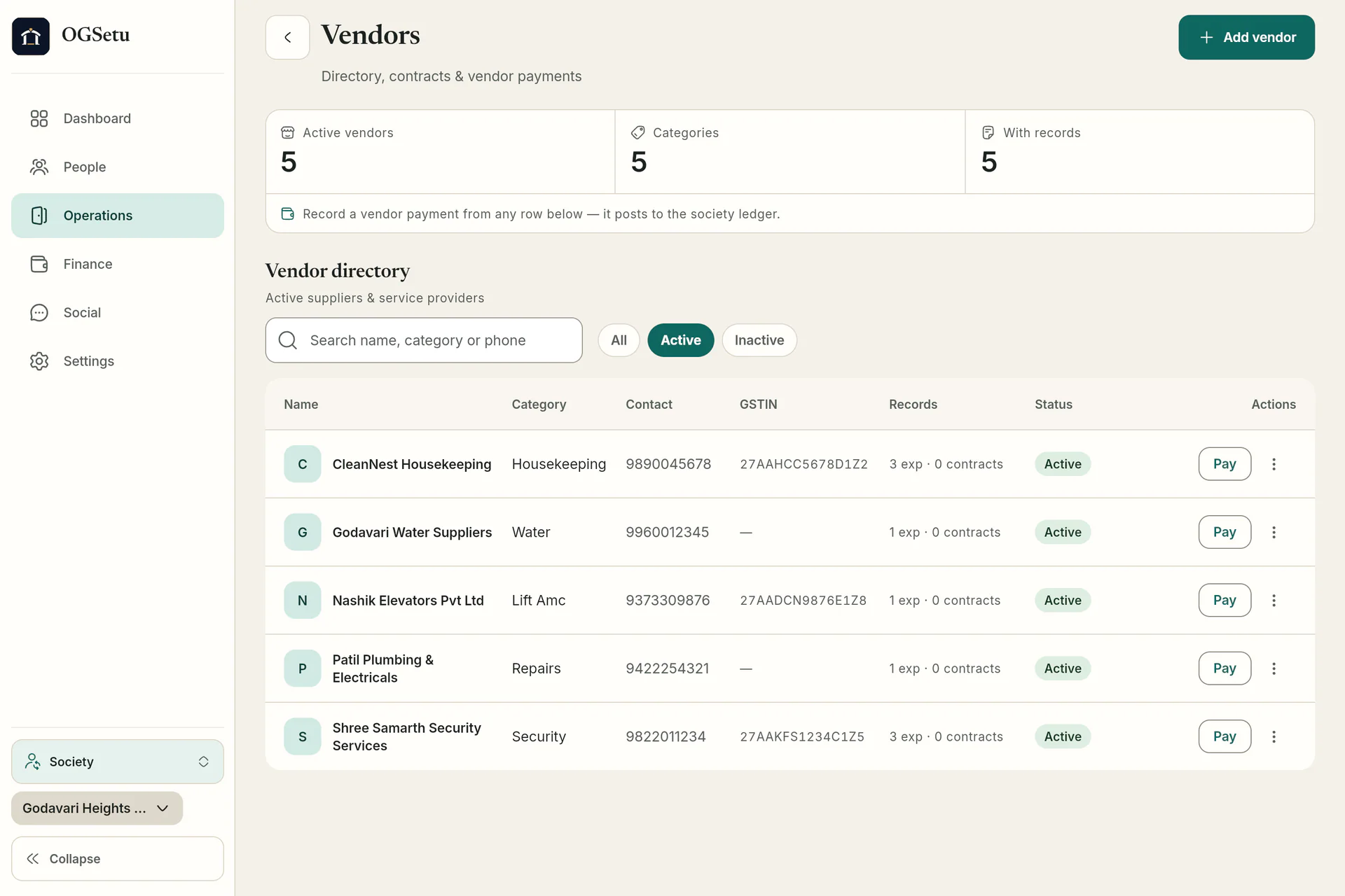 Vendors and contracts. Vendor directory with categories, GSTIN, contracts and payments posted to the society ledger.