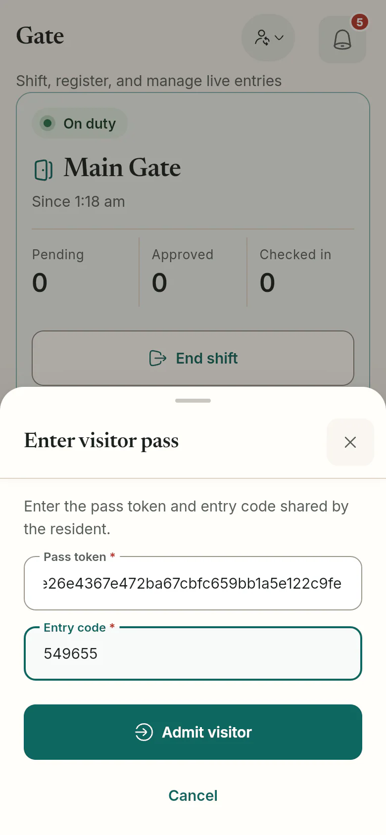 Guards admit a pre-approved visitor by entering the pass token and the six-digit entry code.