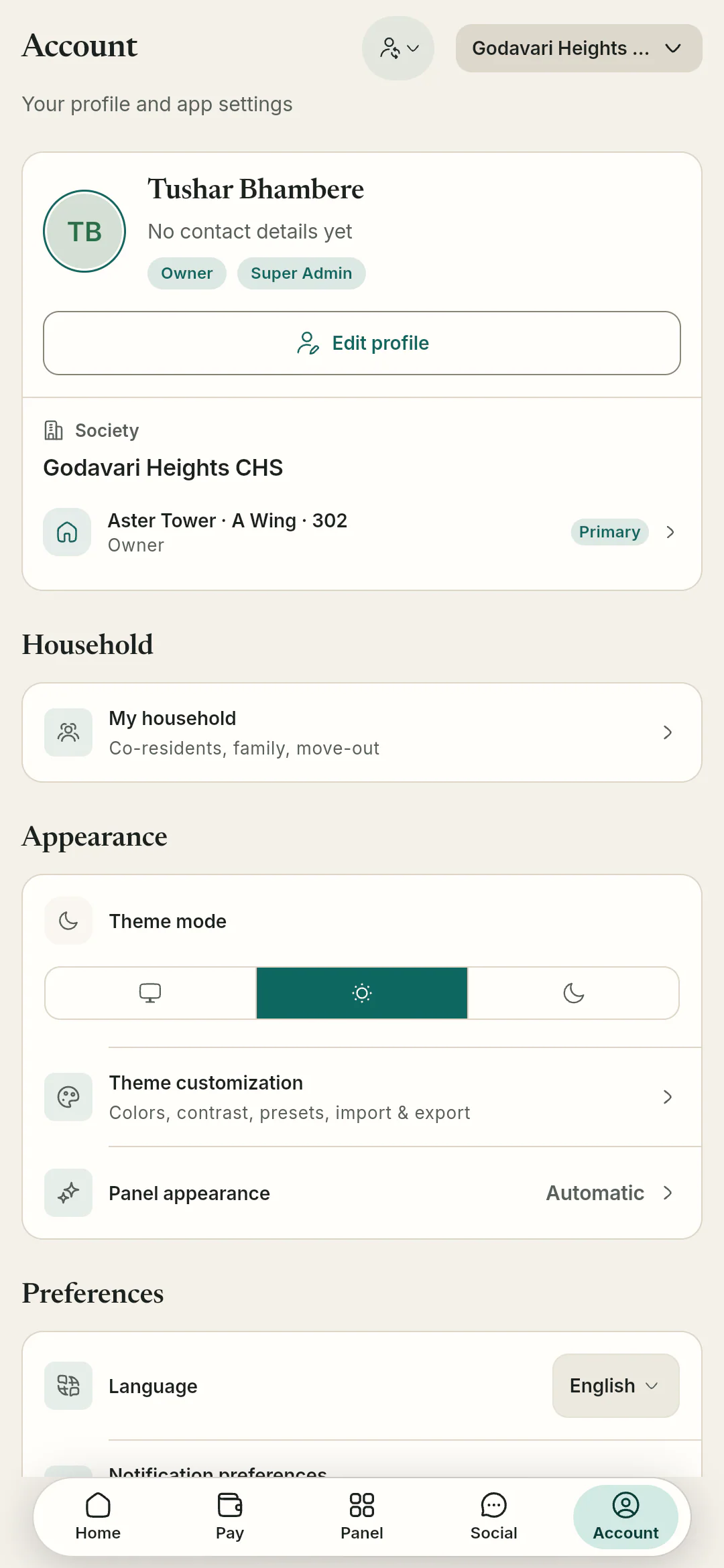 Account settings with profile, society and flat, household and appearance.