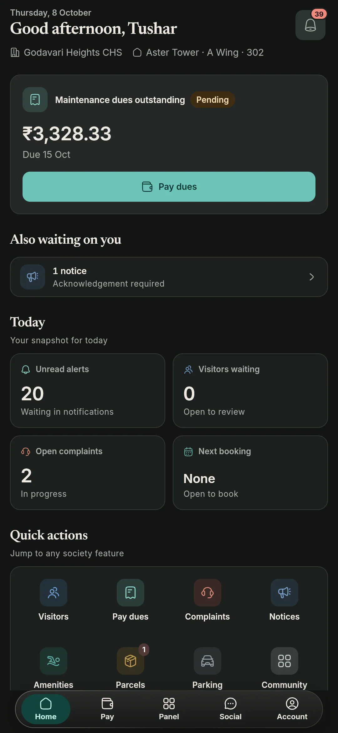 Resident home in dark theme.