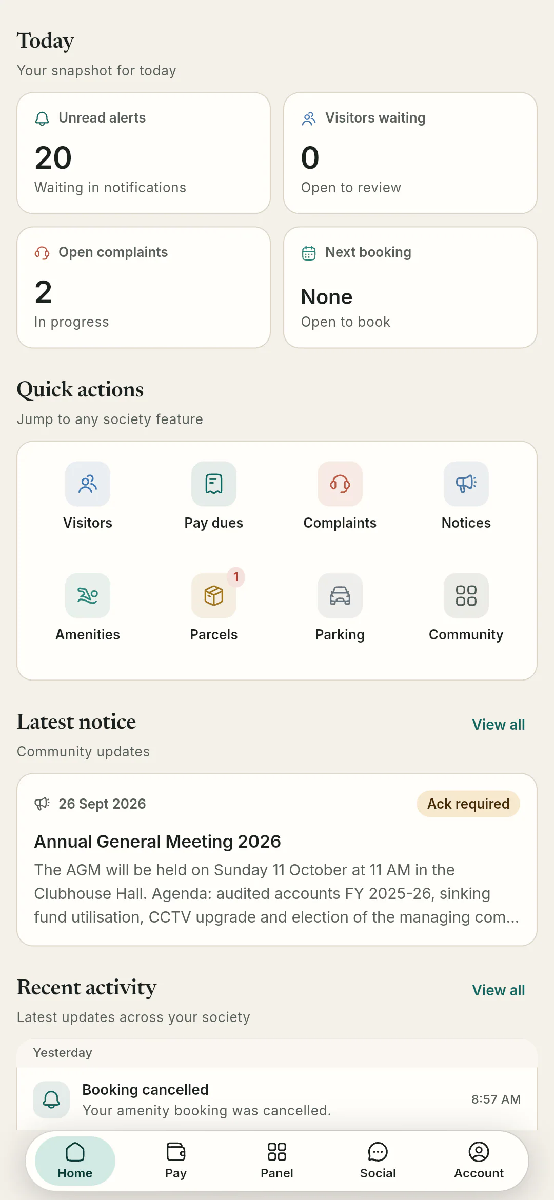 Quick actions jump straight to visitors, dues, complaints, notices, amenities, parcels, parking and community.