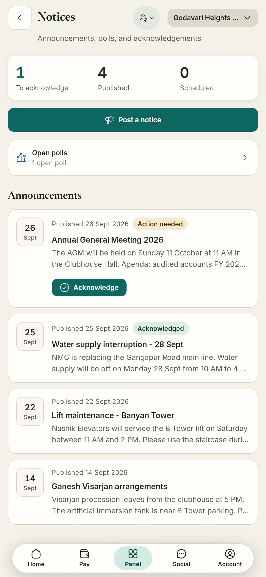 Society announcements with read-and-acknowledge tracking and open polls in one feed.
