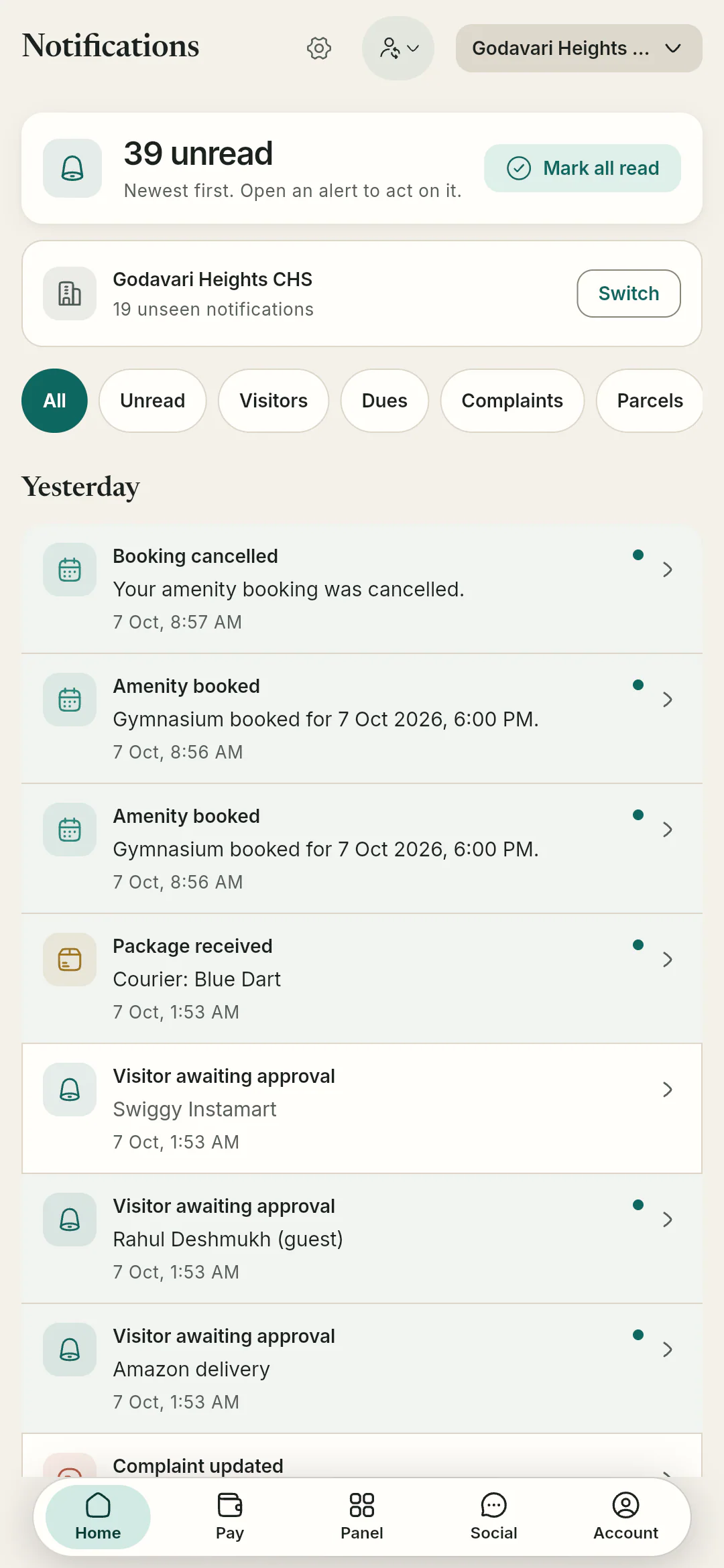 The flat answers walk-ins. A single notification inbox for visitors, dues, complaints, parcels, notices and SOS, with filters.