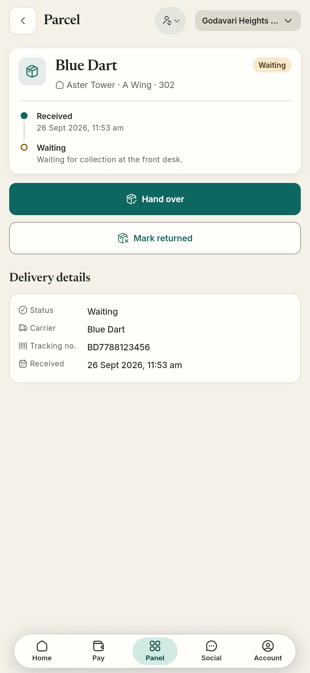 Parcel detail with courier, tracking number and a received-to-collected timeline.
