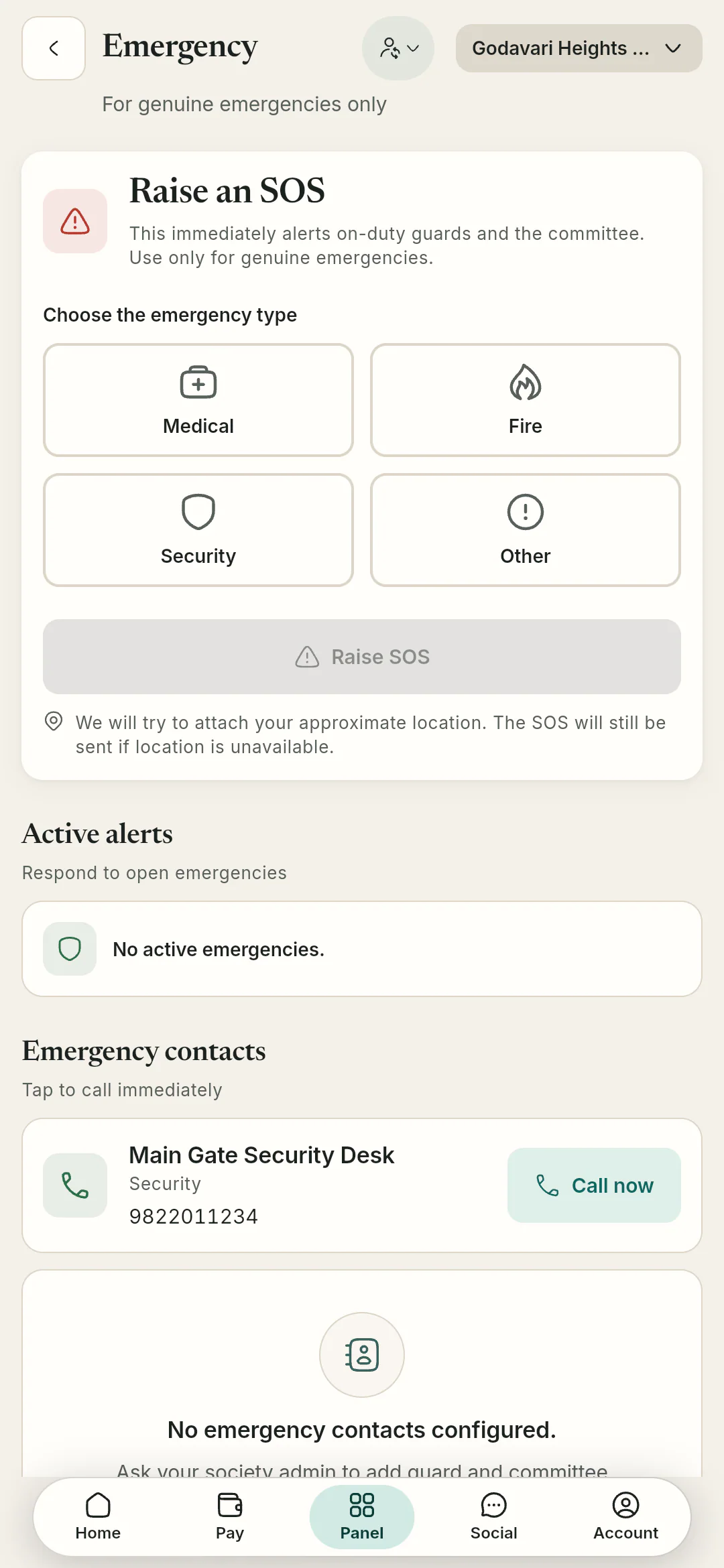 One-tap SOS by emergency type alerts on-duty guards and the committee, with emergency contacts below.