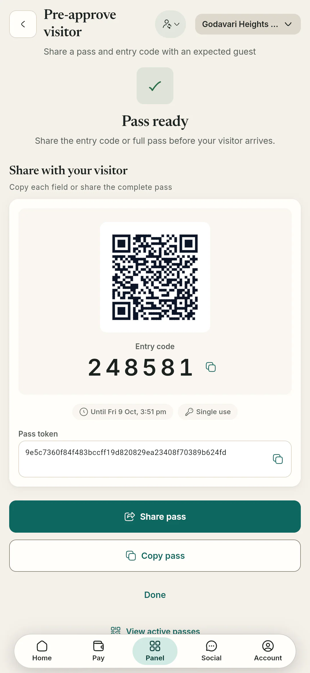 A generated visitor pass with a QR code and a six-digit entry code the resident can share.