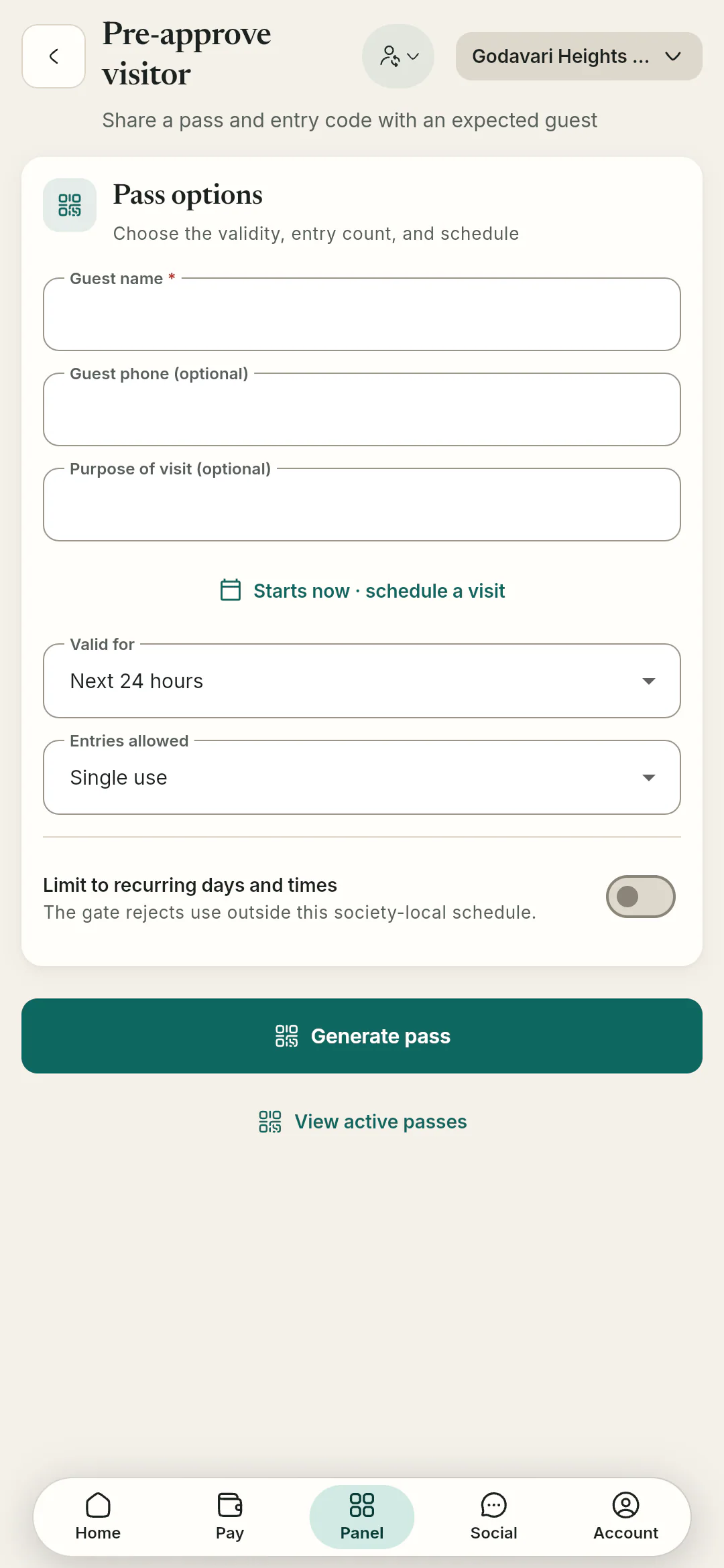 Pre-approve a guest by choosing how long the pass is valid, how many entries it allows and optional recurring days.
